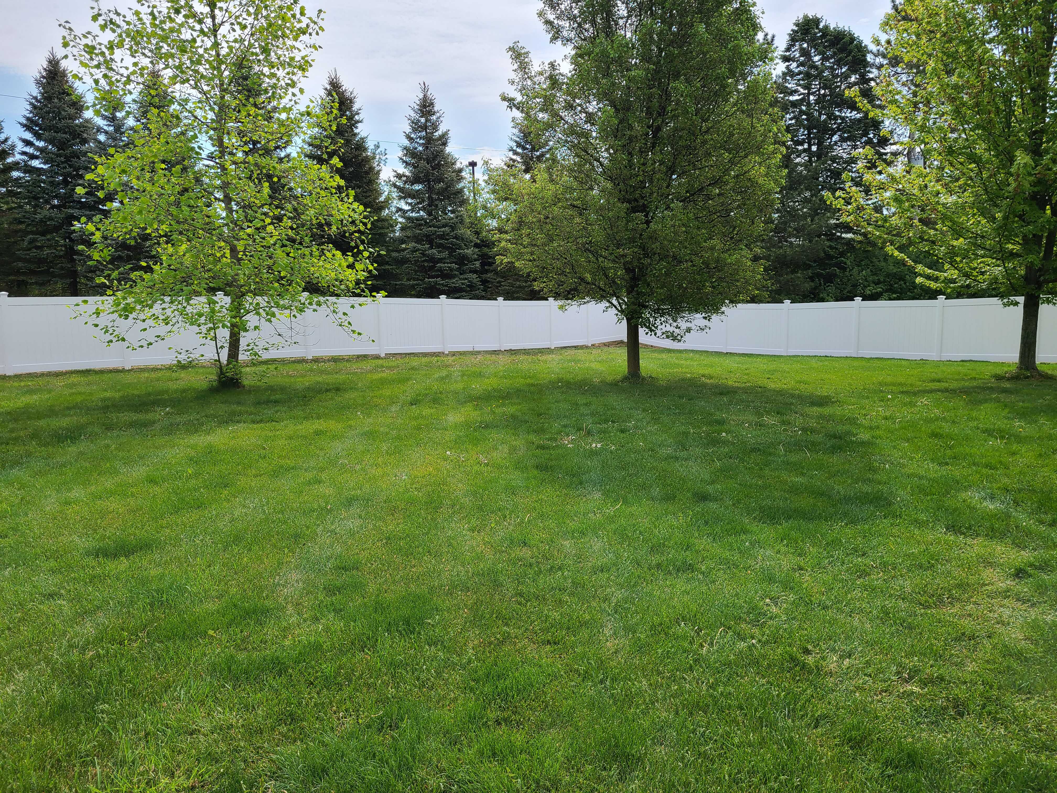A modern plastic white fence in a sprawling yard.